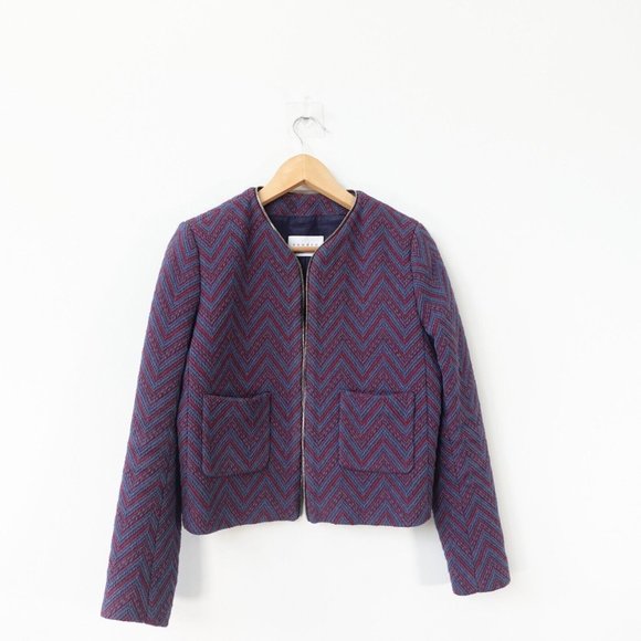 SANDRO Paris Blazer Womens 36 Cropped Purple Tweed Jacket Chevron Italian Zip XS - Picture 1 of 10
